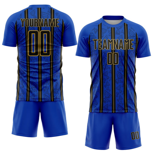 Custom Thunder Blue Black-Old Gold Stripe Line Sublimation Soccer Uniform Jersey