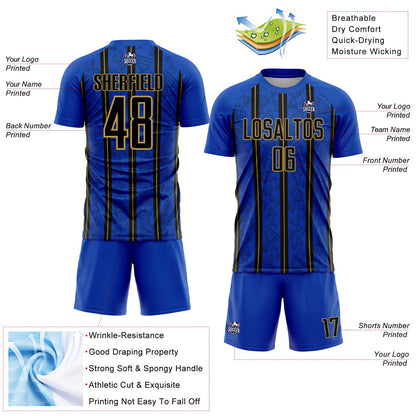Custom Thunder Blue Black-Old Gold Stripe Line Sublimation Soccer Uniform Jersey