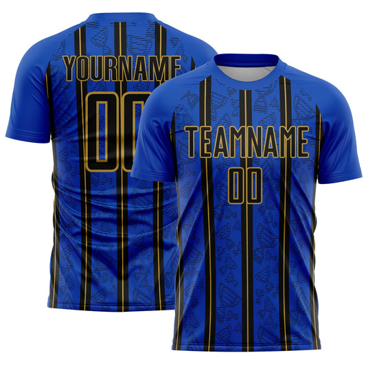 Custom Thunder Blue Black-Old Gold Stripe Line Sublimation Soccer Uniform Jersey