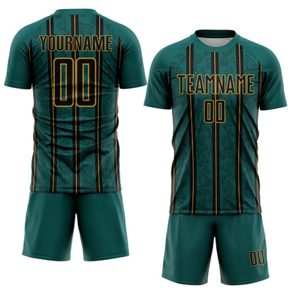 Custom Midnight Green Black-Old Gold Stripe Line Sublimation Soccer Uniform Jersey