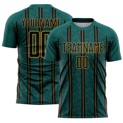 Custom Midnight Green Black-Old Gold Stripe Line Sublimation Soccer Uniform Jersey