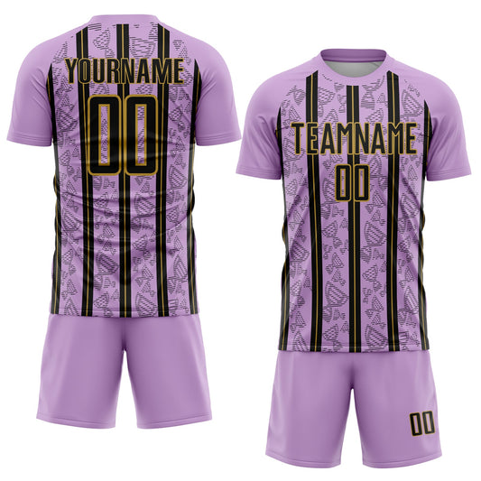 Custom Light Purple Black-Old Gold Stripe Line Sublimation Soccer Uniform Jersey