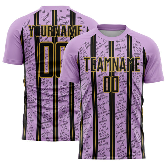 Custom Light Purple Black-Old Gold Stripe Line Sublimation Soccer Uniform Jersey