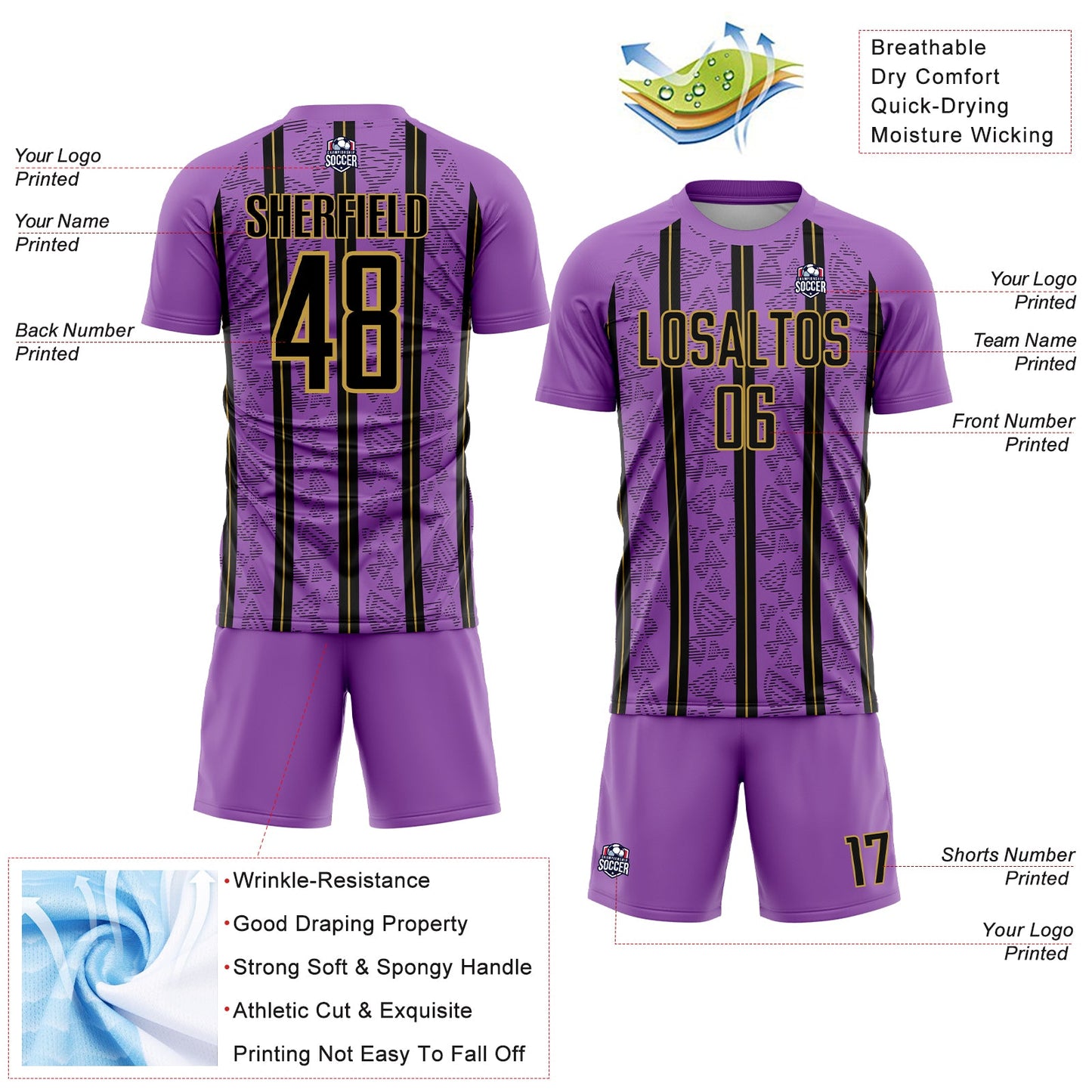 Custom Medium Purple Black-Old Gold Stripe Line Sublimation Soccer Uniform Jersey