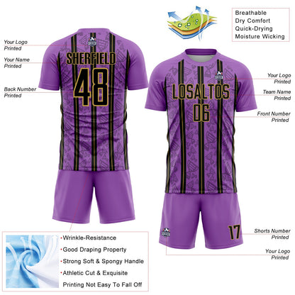 Custom Medium Purple Black-Old Gold Stripe Line Sublimation Soccer Uniform Jersey