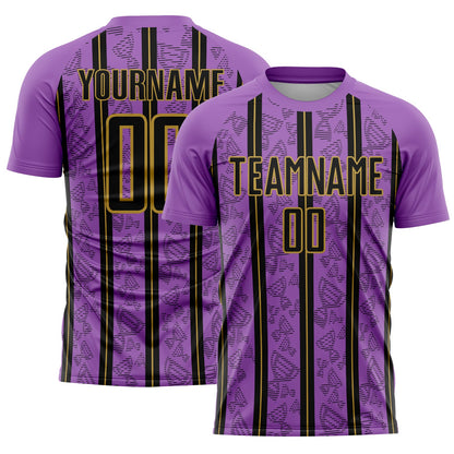 Custom Medium Purple Black-Old Gold Stripe Line Sublimation Soccer Uniform Jersey