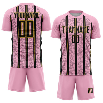 Custom Light Pink Black-Old Gold Stripe Line Sublimation Soccer Uniform Jersey