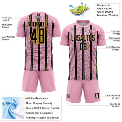 Custom Light Pink Black-Old Gold Stripe Line Sublimation Soccer Uniform Jersey