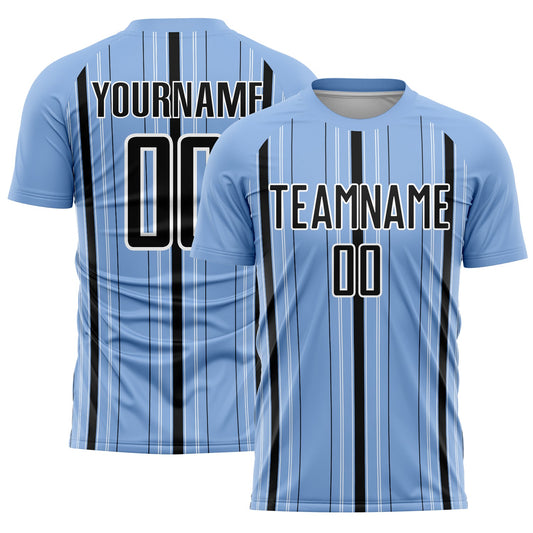 Custom Light Blue Black-White Stripe Sublimation Soccer Uniform Jersey