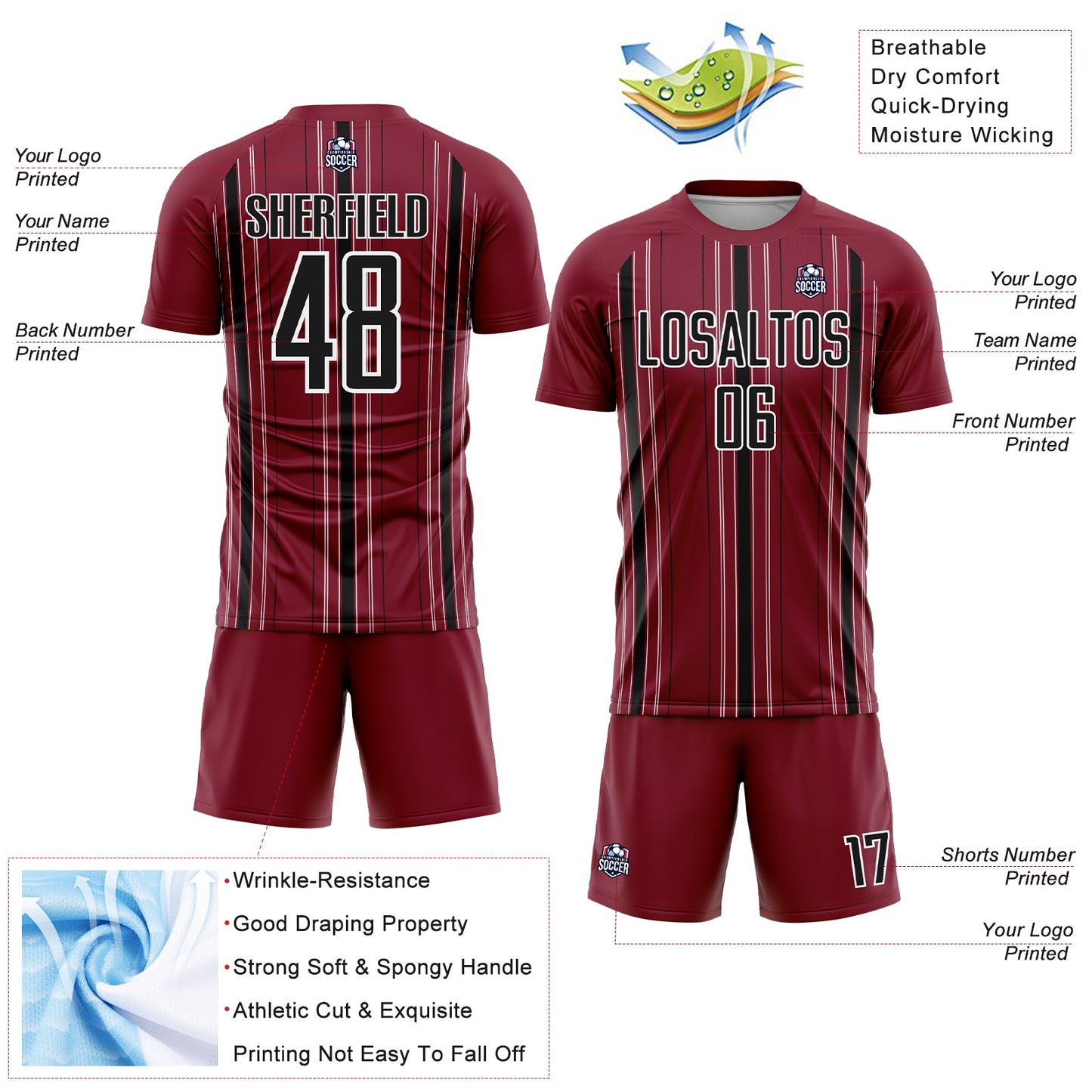 Custom Maroon Black-White Stripe Sublimation Soccer Uniform Jersey