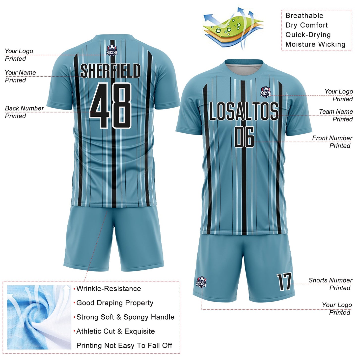 Custom Shadow Blue Black-White Stripe Sublimation Soccer Uniform Jersey