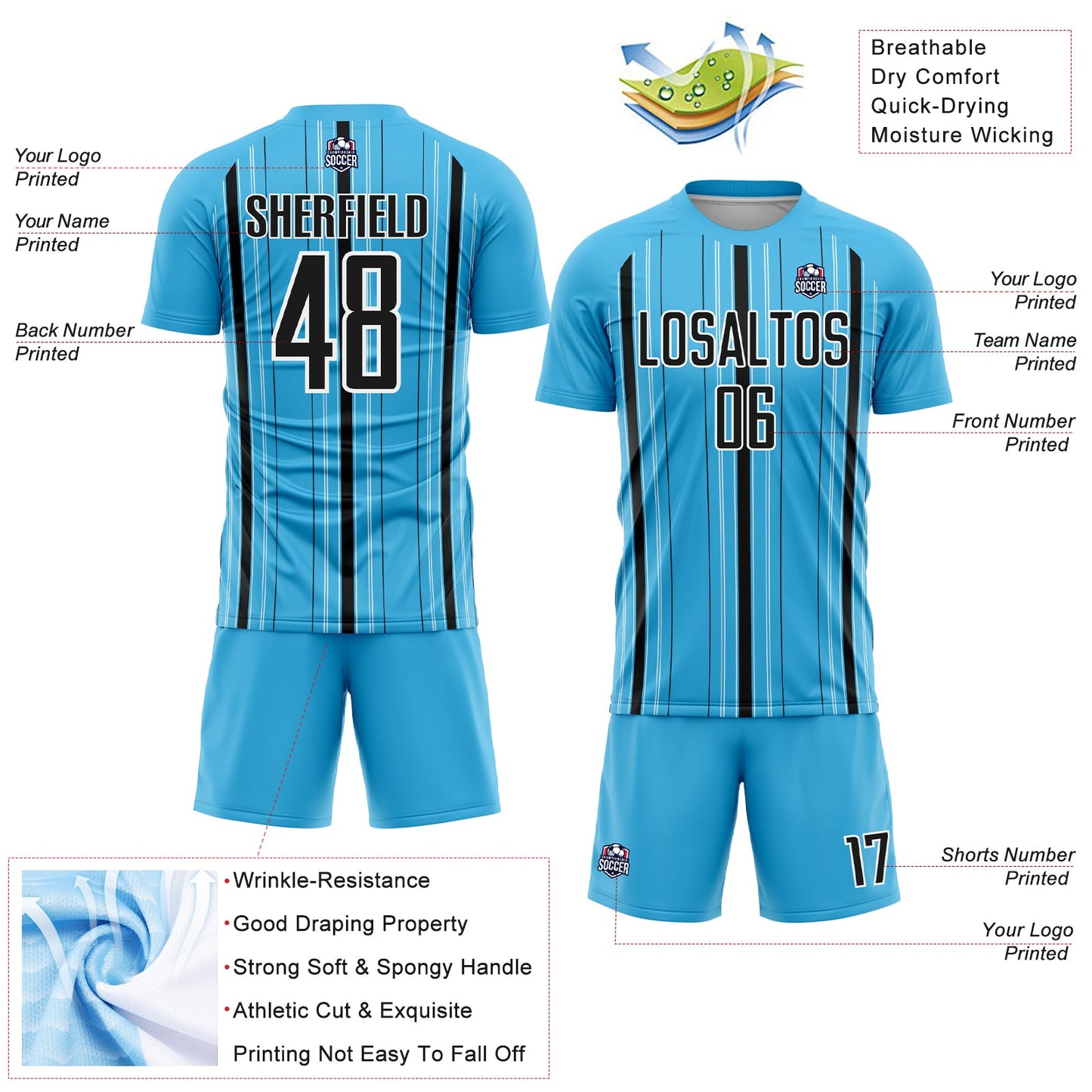 Custom Sky Blue Black-White Stripe Sublimation Soccer Uniform Jersey