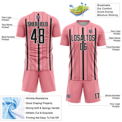 Custom Medium Pink Black-White Stripe Sublimation Soccer Uniform Jersey