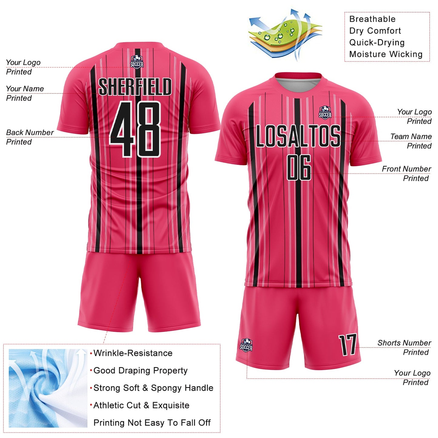 Custom Neon Pink Black-White Stripe Sublimation Soccer Uniform Jersey