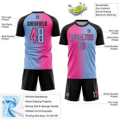 Custom Light Blue Pink-Black Sublimation Gradient Fashion Soccer Uniform Jersey