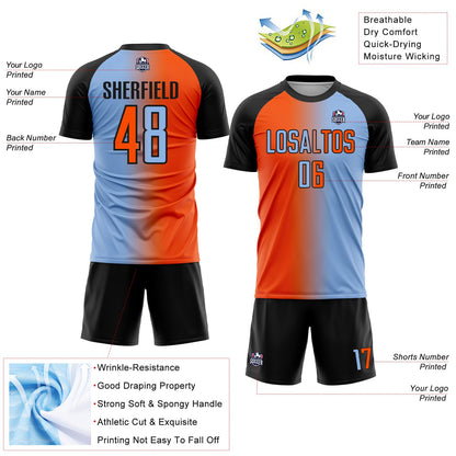 Custom Light Blue Orange-Black Sublimation Gradient Fashion Soccer Uniform Jersey