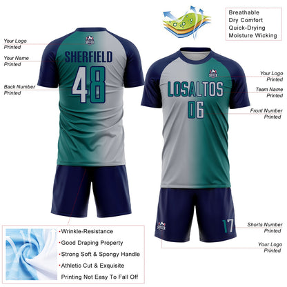Custom Teal Gray-Navy Sublimation Gradient Fashion Soccer Uniform Jersey
