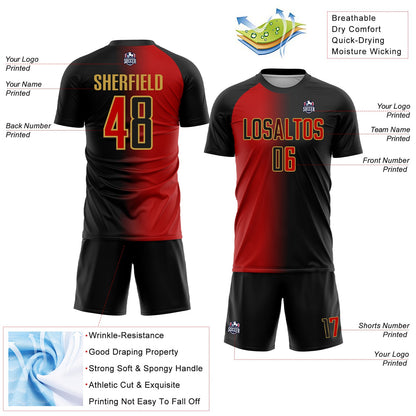 Custom Black Red-Old Gold Sublimation Gradient Fashion Soccer Uniform Jersey
