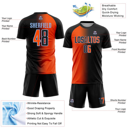 Custom Black Orange-Light Blue Sublimation Gradient Fashion Soccer Uniform Jersey
