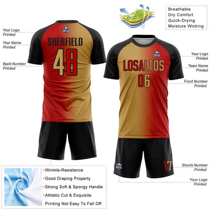 Custom Red Old Gold-Black Sublimation Gradient Fashion Soccer Uniform Jersey