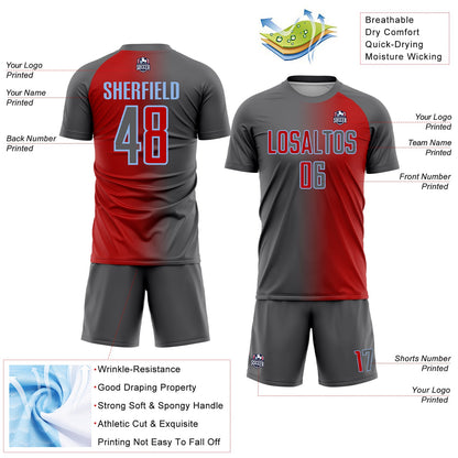 Custom Red Steel Gray-Light Blue Sublimation Gradient Fashion Soccer Uniform Jersey