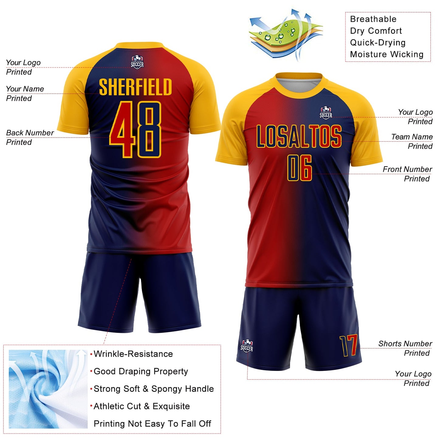 Custom Navy Red-Gold Sublimation Gradient Fashion Soccer Uniform Jersey