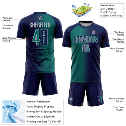 Custom Navy Teal-Gray Sublimation Gradient Fashion Soccer Uniform Jersey