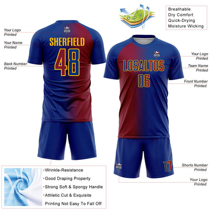 Custom Royal Maroon-Gold Sublimation Gradient Fashion Soccer Uniform Jersey