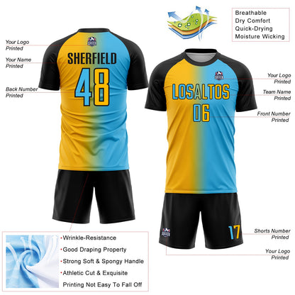 Custom Sky Blue Gold-Black Sublimation Gradient Fashion Soccer Uniform Jersey