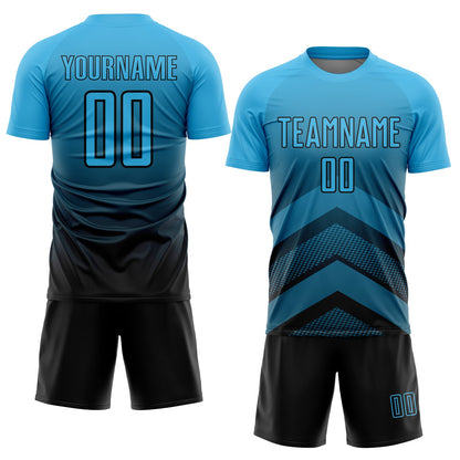 Custom Sky Blue Black Gradient Arrow Geometric Shapes Sublimation Soccer Uniform Jersey