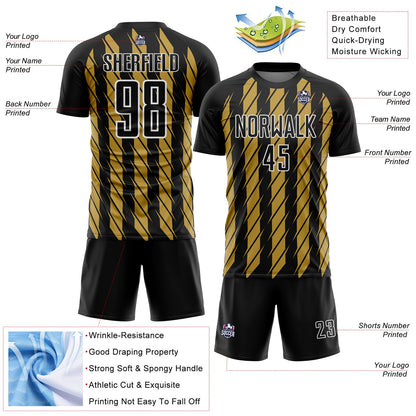 Custom Black Old Gold-White Stripe Line Sublimation Soccer Uniform Jersey