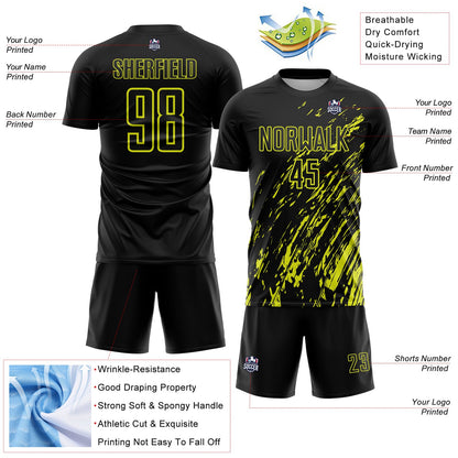 Custom Black Neon Yellow Splash Sublimation Soccer Uniform Jersey