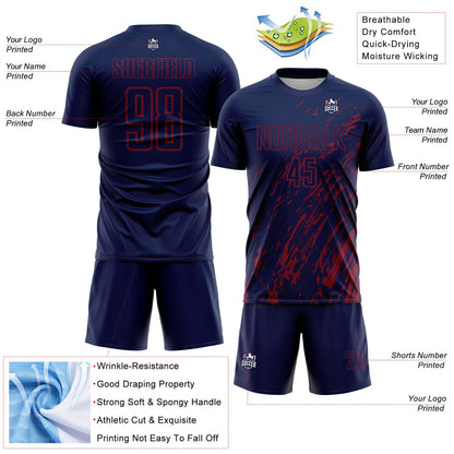 Custom Navy Crimson Splash Sublimation Soccer Uniform Jersey