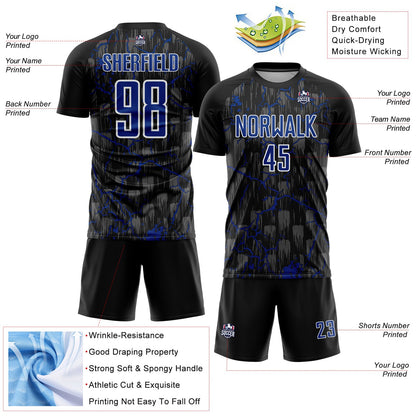 Custom Black Royal-White Lightning Sublimation Soccer Uniform Jersey
