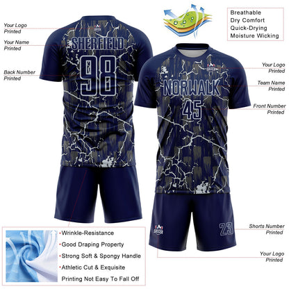 Custom Navy Silver Lightning Sublimation Soccer Uniform Jersey