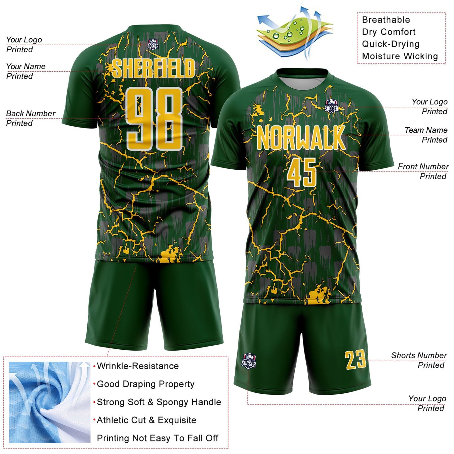 Custom Green Yellow-White Lightning Sublimation Soccer Uniform Jersey