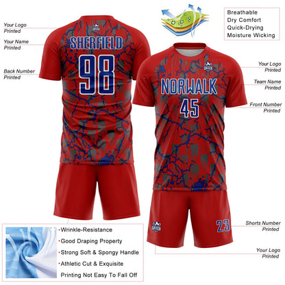 Custom Red Royal-White Lightning Sublimation Soccer Uniform Jersey