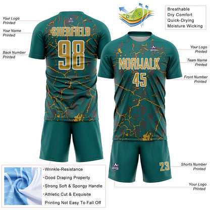 Custom Teal Old Gold-White Lightning Sublimation Soccer Uniform Jersey