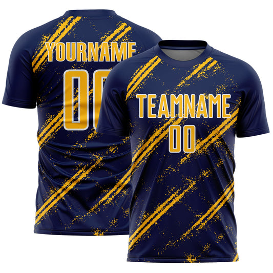 Custom Navy Gold-White Abstract Fragment Art Splash Sublimation Soccer Uniform Jersey