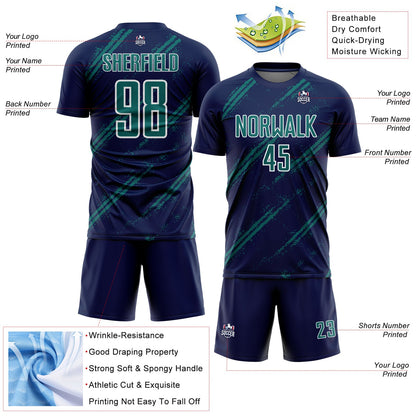 Custom Navy Teal-White Abstract Fragment Art Splash Sublimation Soccer Uniform Jersey