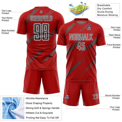 Custom Red Steel Gray-White Abstract Fragment Art Splash Sublimation Soccer Uniform Jersey