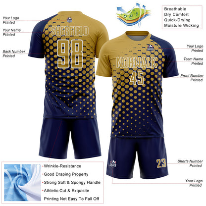 Custom Navy Old Gold-White Modern Polka Dot Sublimation Soccer Uniform Jersey