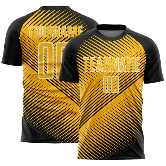 Custom Black Gold-White Line Sublimation Soccer Uniform Jersey