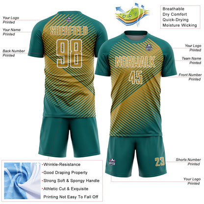 Custom Teal Old Gold-White Line Sublimation Soccer Uniform Jersey