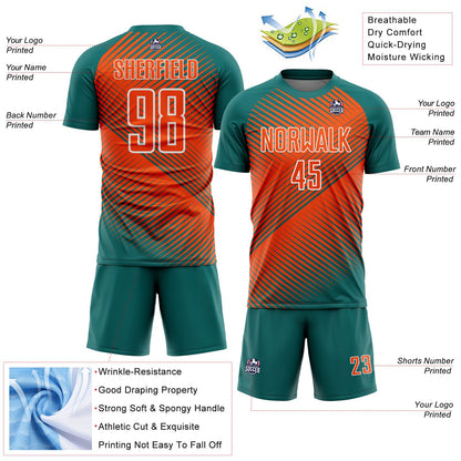 Custom Teal Orange-White Line Sublimation Soccer Uniform Jersey