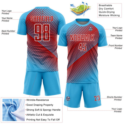 Custom Sky Blue Red-White Line Sublimation Soccer Uniform Jersey