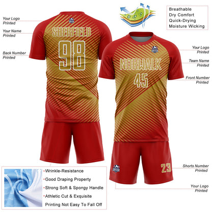 Custom Red Old Gold-White Line Sublimation Soccer Uniform Jersey