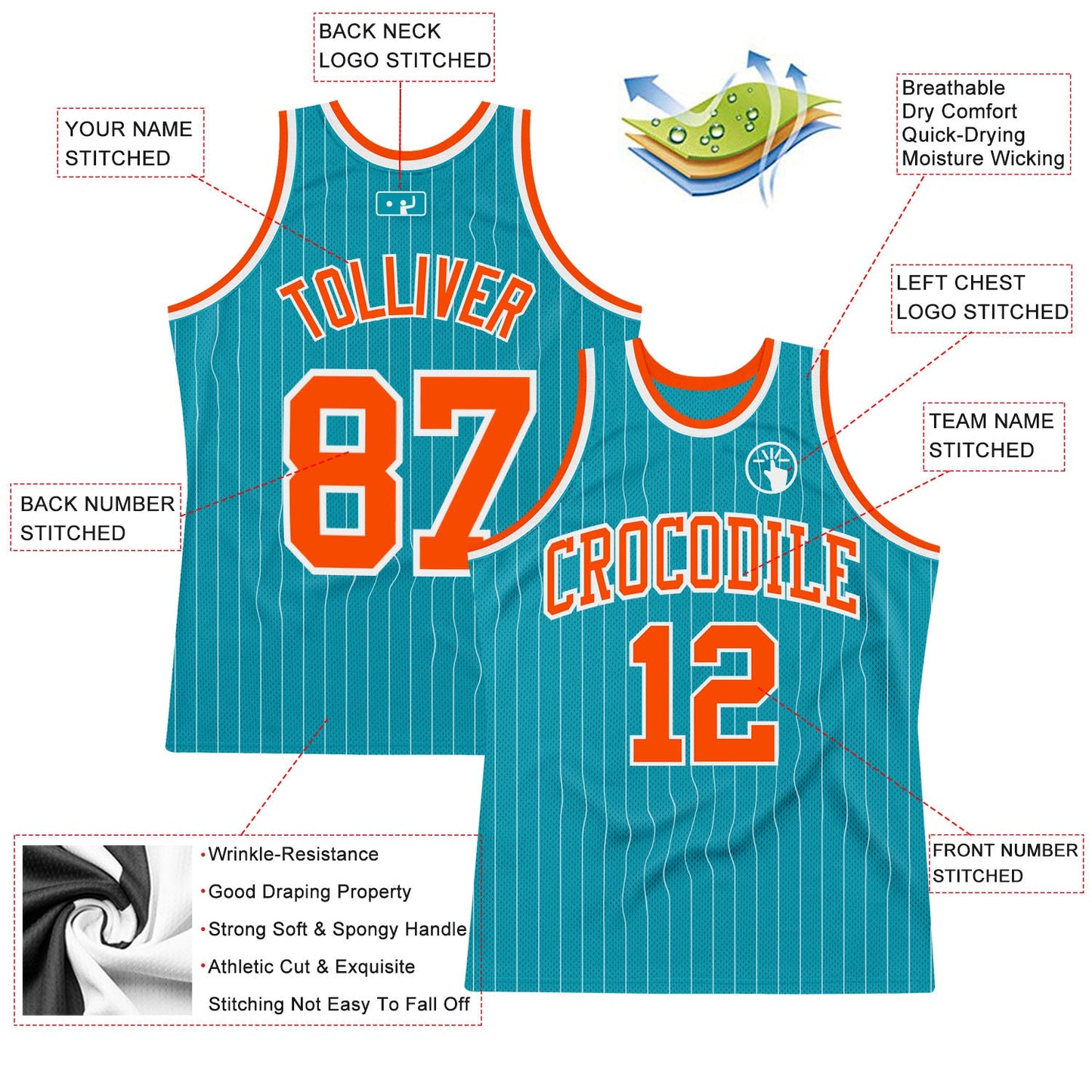 Custom Teal White Pinstripe Orange Authentic Basketball Jersey