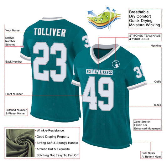 Custom Teal White-Gray Mesh Authentic Throwback Football Jersey