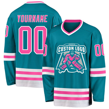 Custom Teal Pink-White Hockey Jersey